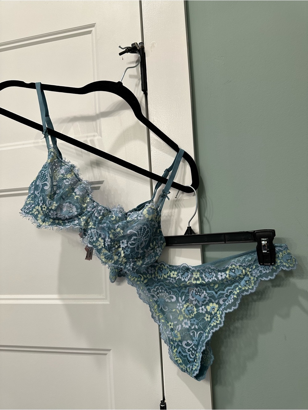 Victoria's Secret Blue Floral Lace Bra & Panty Set